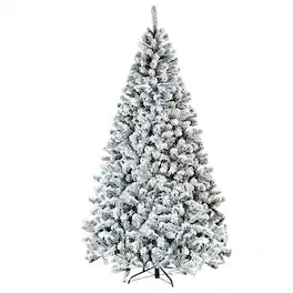 Costway - 7.5ft Snow Flocked Hinged Christmas Tree Unlit Metal Stand - Green/White