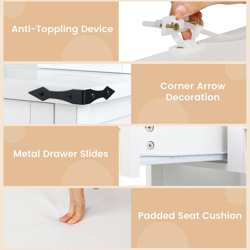 Anti-Toppling Device  
Corner Arrow Decoration  
Metal Drawer Slides  
Padded Seat Cushion