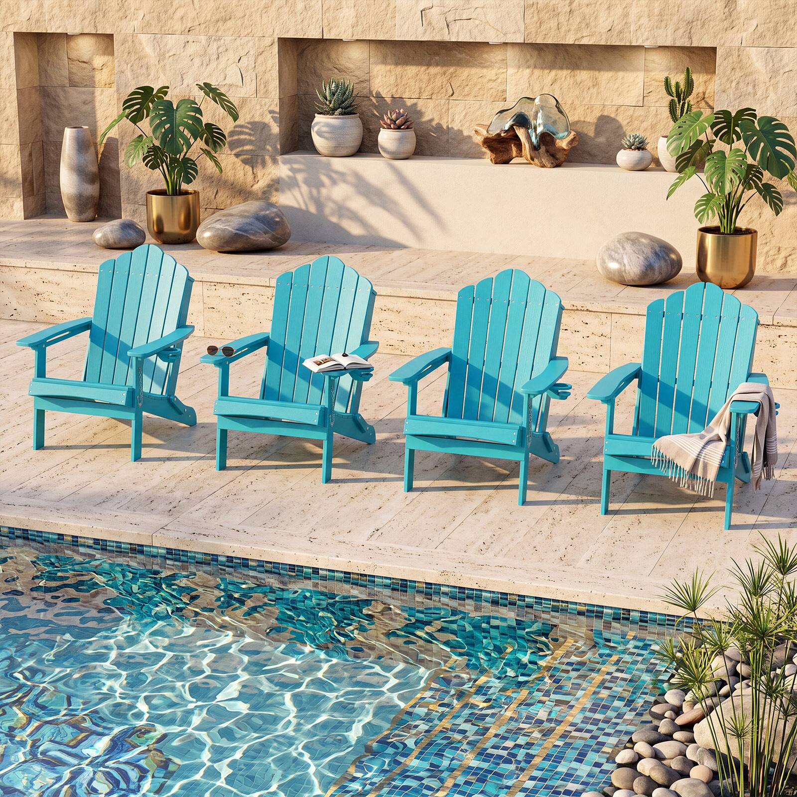 Alt View 7. Gymax - Gymax 2PCS Patio Folding Adirondack Chair Weather Resistant Cup Holder Yard Turquoise - Turquoise.
