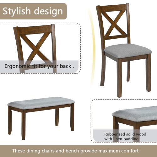 Stylish design. Ergonomic fit for your back. Rubberised solid wood with linen padding. These dining chairs and bench provide maximum comfort.