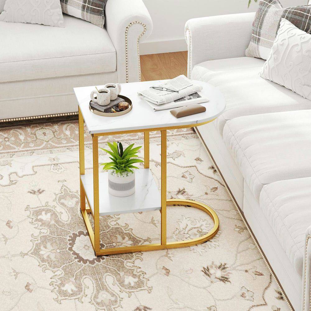Alt View 4. Kadyn - C-Shaped Modern Sofa Table with Faux Marble Top and Lower Shelf, White - White.