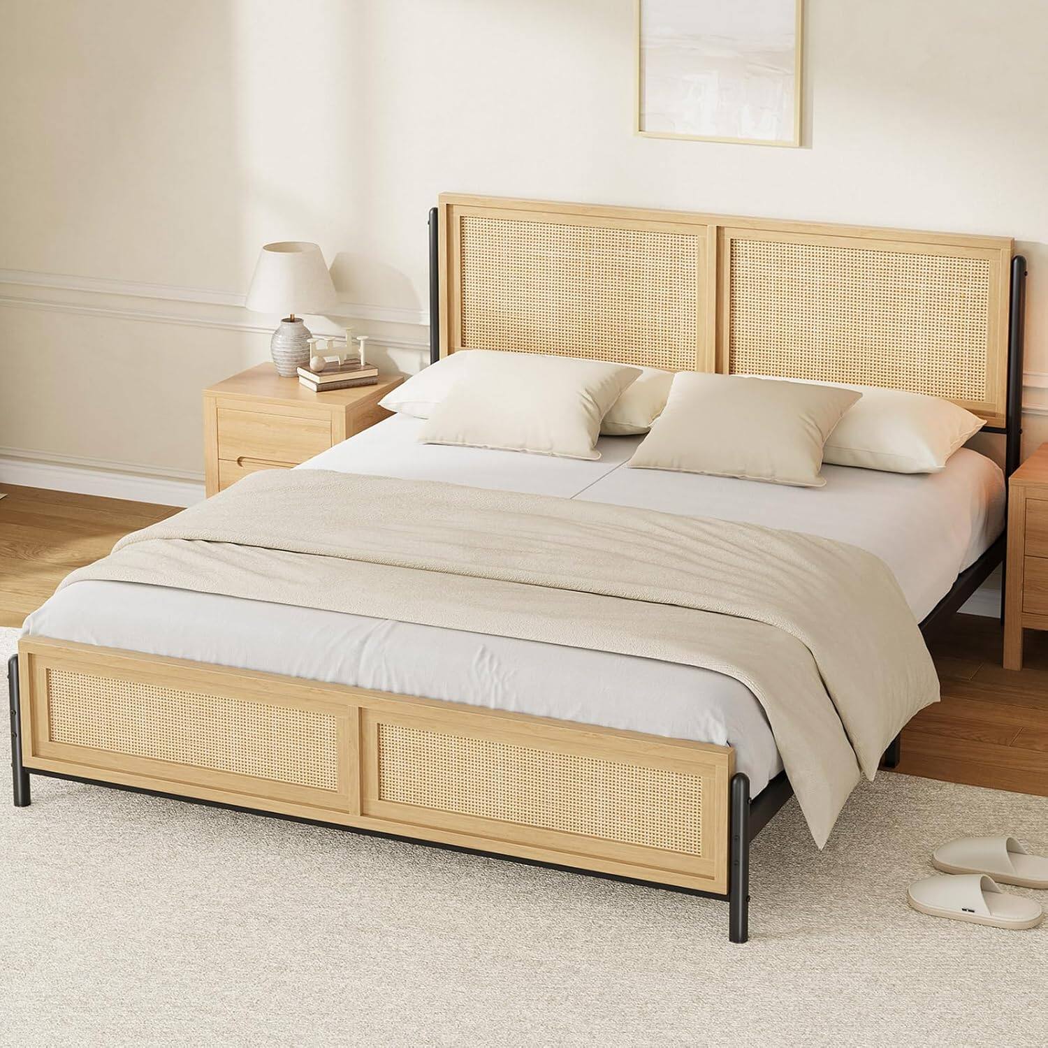 Alt View 2. GARVEE - Full Size Bed Frame with Rattan Headboard and Footboard, Boho Wooden Platform, Easy Assembly, Natural - Natural.