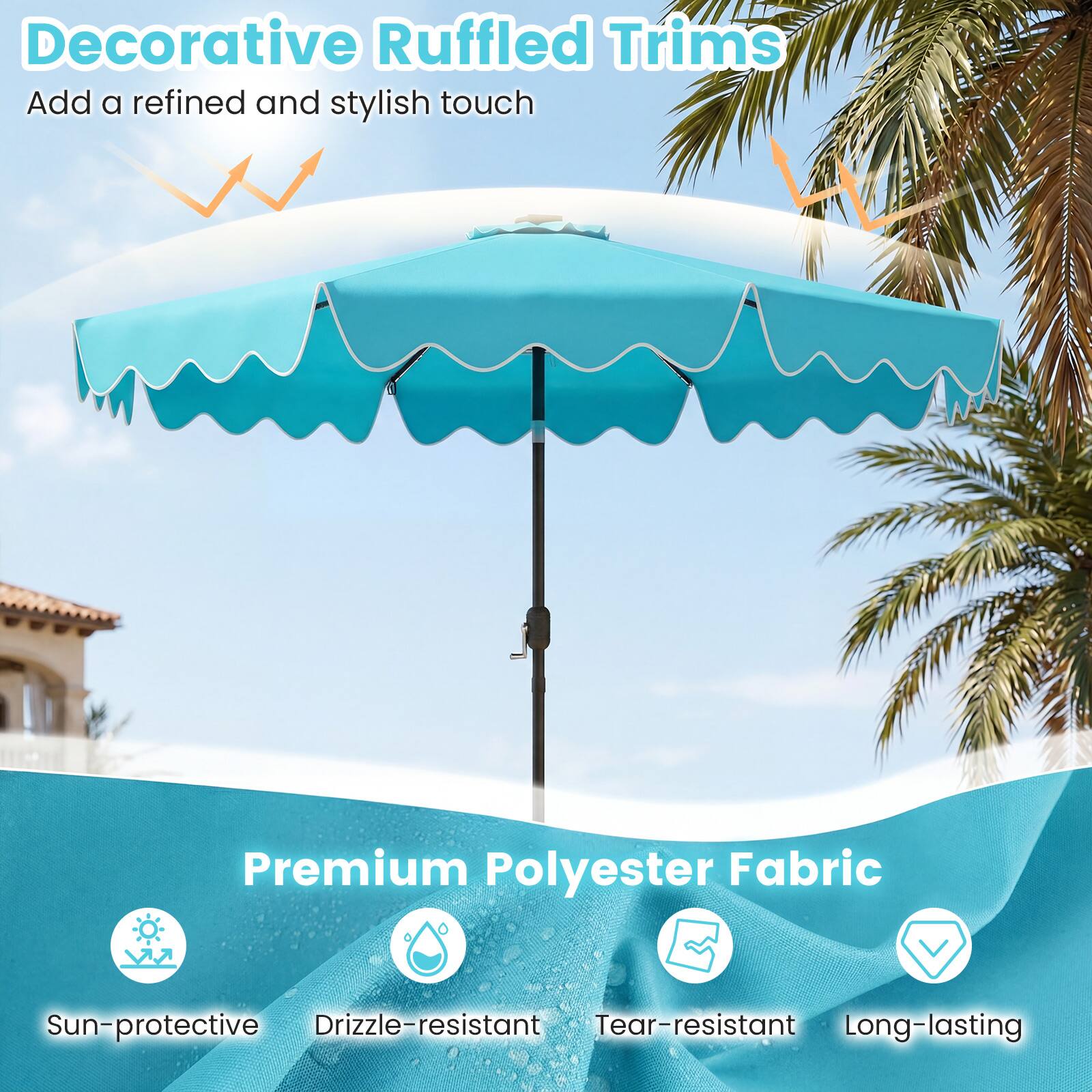 Decorative Ruffled Trims Add a refined and stylish touch

Premium Polyester Fabric
- Sun-protective
- Drizzle-resistant
- Tear-resistant
- Long-lasting
