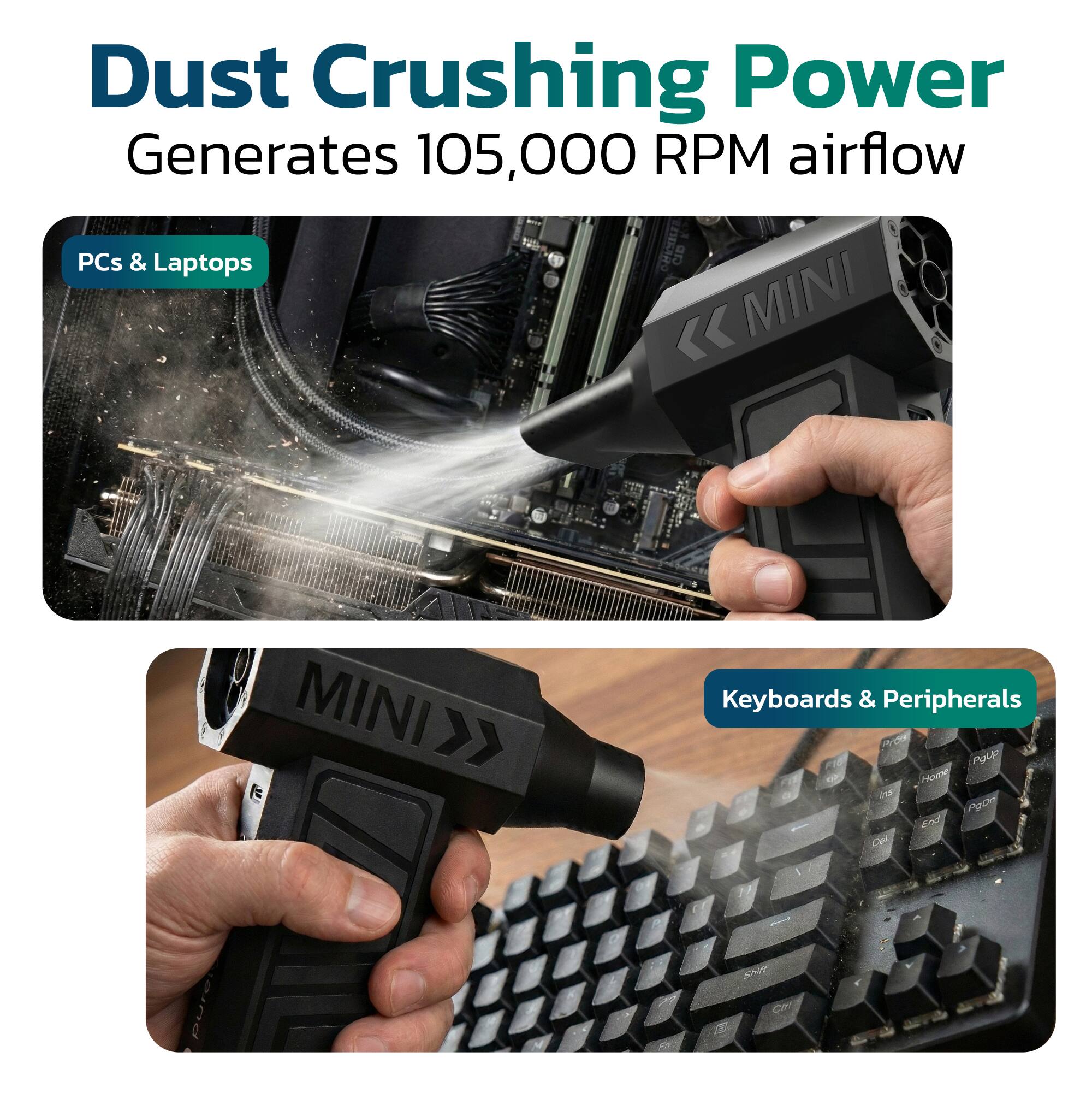 Dust Crushing Power  
Generates 105,000 RPM airflow  

PCs & Laptops  

Keyboards & Peripherals