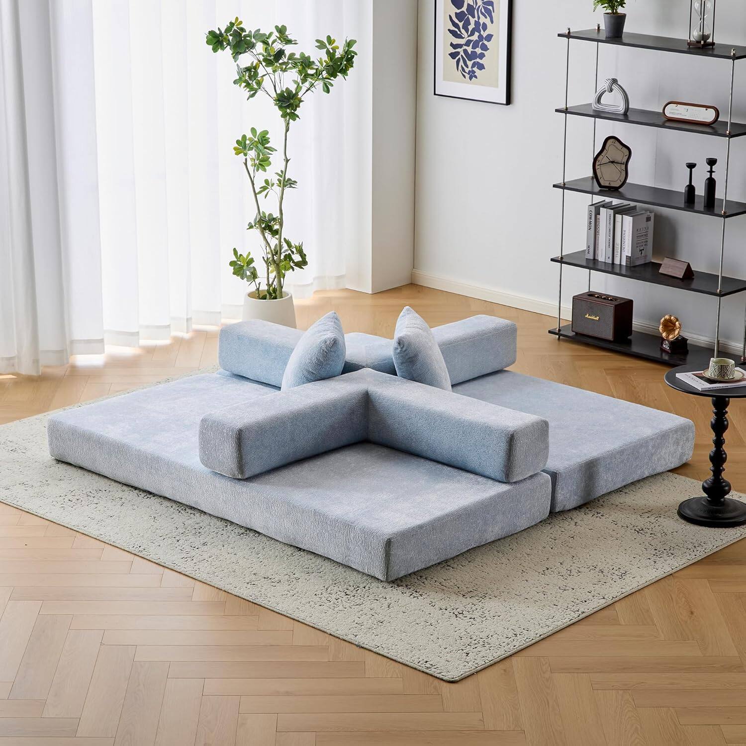 Alt View 6. Trinkets Crazed - Convertible Floor Sofa Bed with Fixed-Shape Frame, Chenille Boneless Sofa Folding Mattress Couch with Armrest - blue.