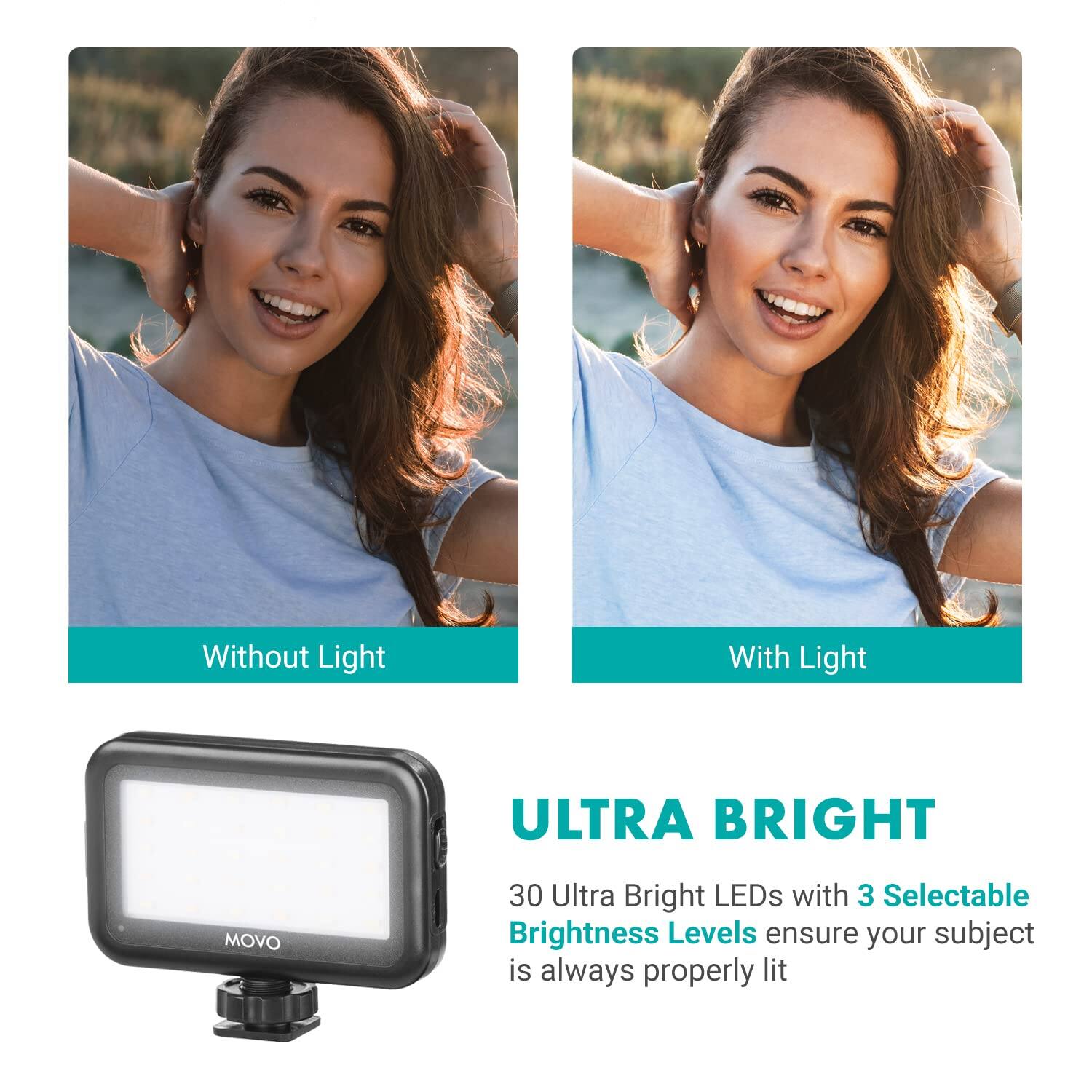 **Without Light**  
**With Light**

**ULTRA BRIGHT**  
30 Ultra Bright LEDs with 3 Selectable Brightness Levels ensure your subject is always properly lit