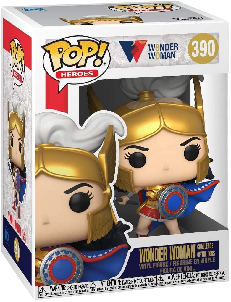 **Front:**
- POP! HEROES
- WONDER WOMAN
- 390
- WONDER WOMAN CHALLENGE OF THE GODS
- VINYL FIGURE / FIGURINE EN VINYLE / FIGURA DE VINIL

**Warnings:**
- WARNING: CHOKING HAZARD. Small parts. Not suitable for children under 36 months.
- ATTENTION: DANGER D'ÉTOUFFEMENT. Petites pièces. Ne convient pas aux enfants de moins de 36 mois.
- ADVERTENCIA: PEORIGRO DE ASFIXIA. Partes pequeñas. No es adecuado para niños menores de 36 meses.

**Side:**
- POP! HEROES
- WONDER WOMAN
- 390

**Top:**
- Funko
- POP! HEROES