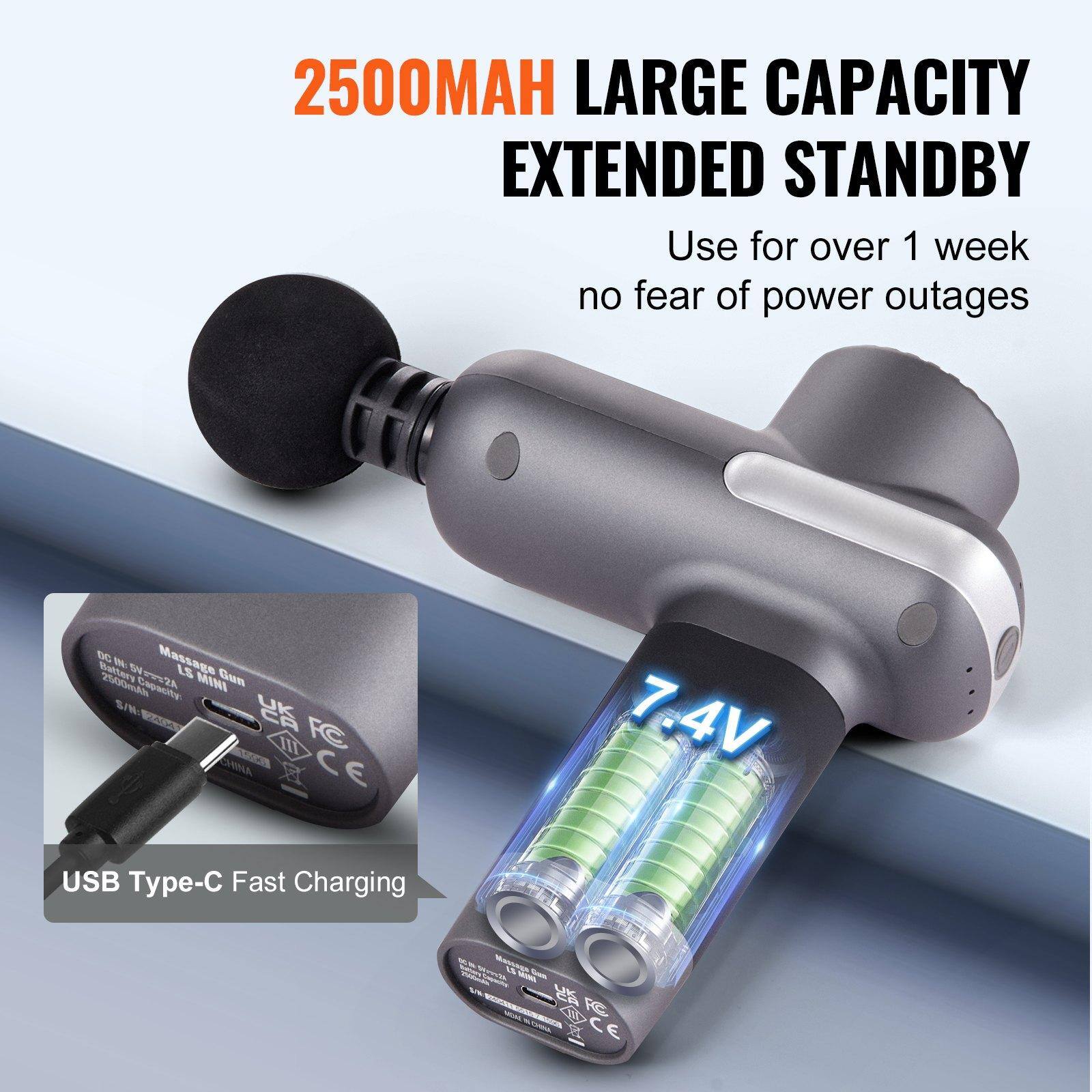 2500MAH LARGE CAPACITY EXTENDED STANDBY  
Use for over 1 week no fear of power outages  

USB Type-C Fast Charging  

7.4V  

Massage Gun  
DC 7.4V  
2500mAh  
P2A MINI  
FC III  
CE  

CE