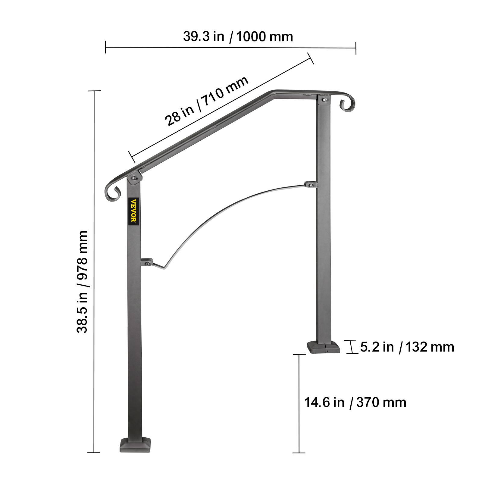 39.3 in / 1000 mm, 28 in / 710 mm, 38.5 in / 978 mm, 5.2 in / 132 mm, 14.6 in / 370 mm