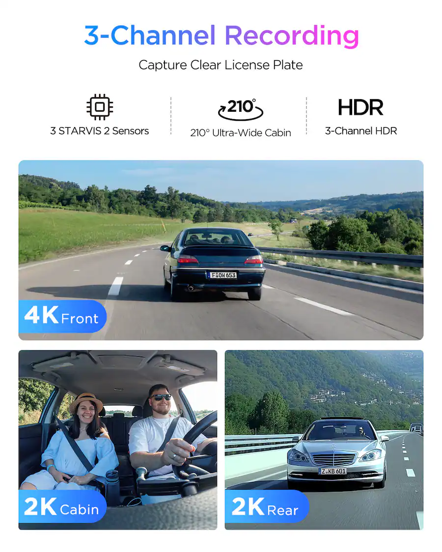 Video Screen Capture Cool Rear VIOFO A329S 4K 3 Channel Dash Cam, 4K Front + 2K Cabin Fisheye (210 ...