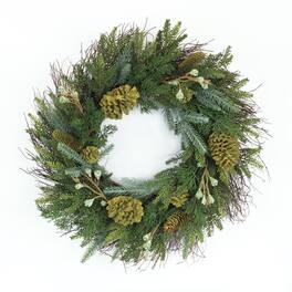 BreeBe - Mixed Winter Pine Wreath with Pinecone and Twig Accent 23"D - Green, Brown