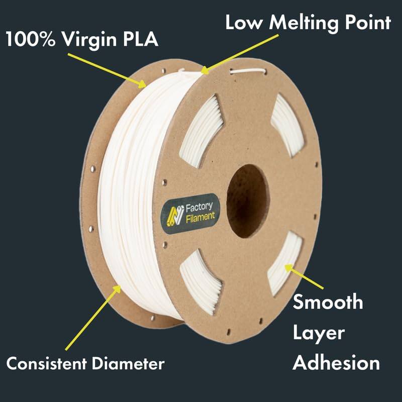 100% Virgin PLA  
Low Melting Point  
Consistent Diameter  
Smooth Layer Adhesion