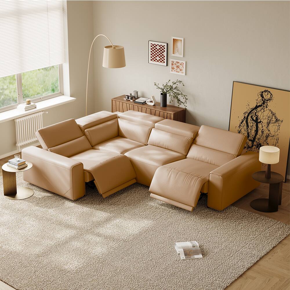 Left. POVISON - 111.02"Power Corner Sofa L-shaped Electric Reclining Couch, 2 Extendable Recliners, USB Charging, Living Room, Khaki - Khaki Sustainable Leather.