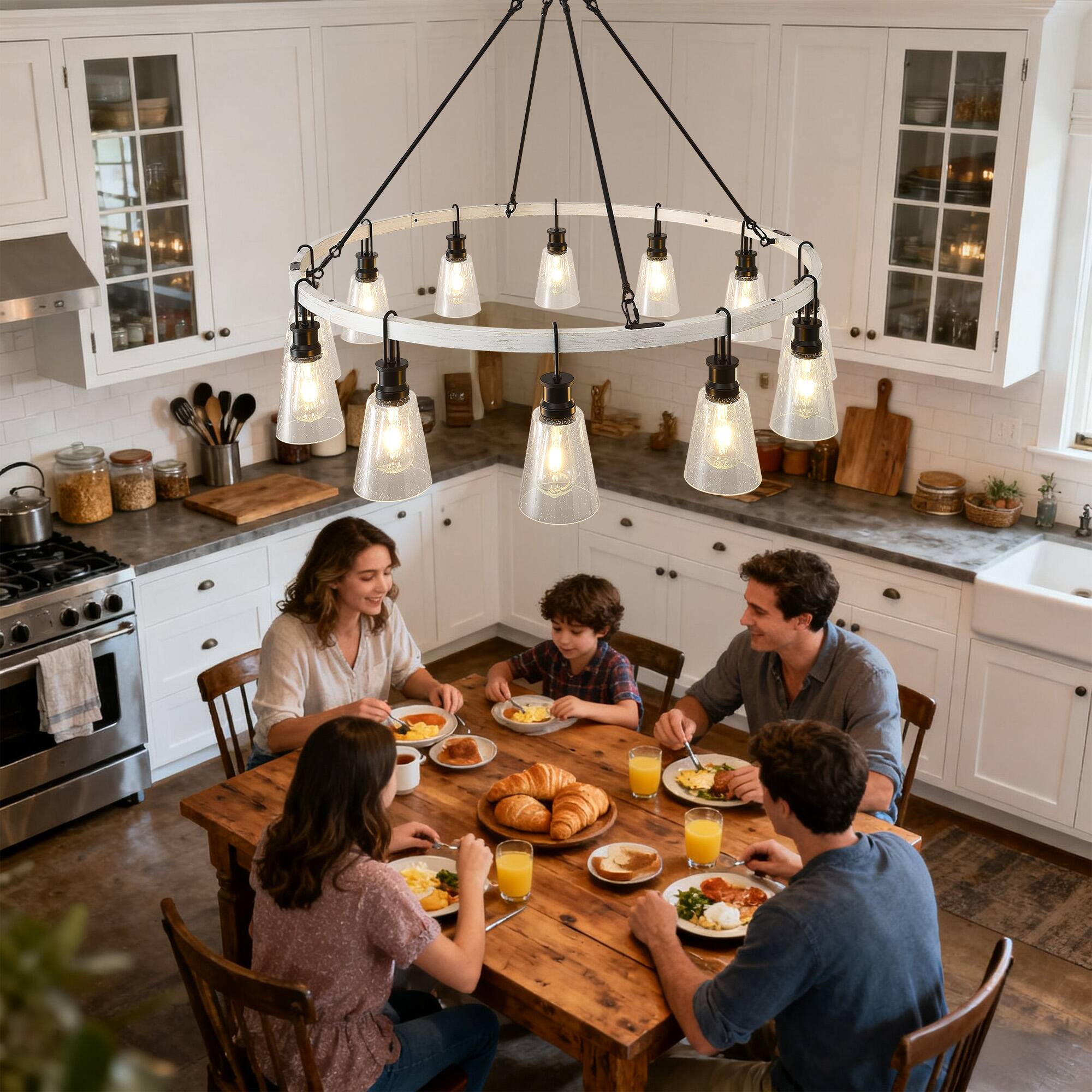 Alt View 3. RYHNUYNE - 12-Light Wooden Wagon Wheel Chandelier, Rustic Round Chandeliers for Dining Room ,Farmhouse Chandelier Light Fixture - Black.