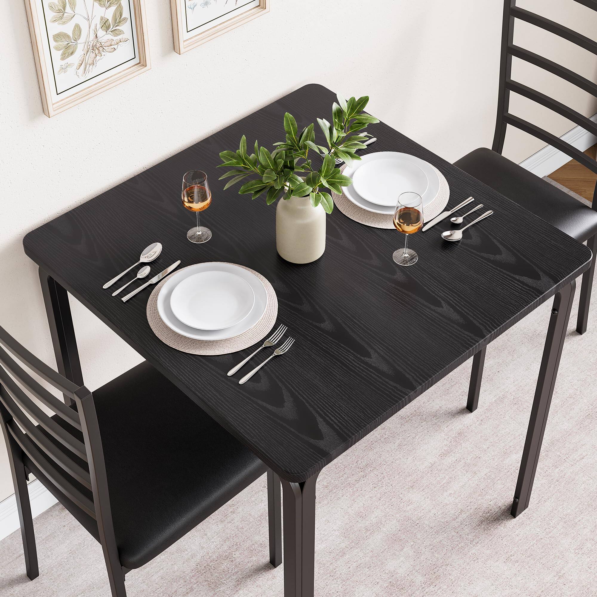 Back. Homhougo - Dining Table Set for 2, 3 Piece Small Space Dining Set Square Table with 2 Upholstered Chairs - Black.