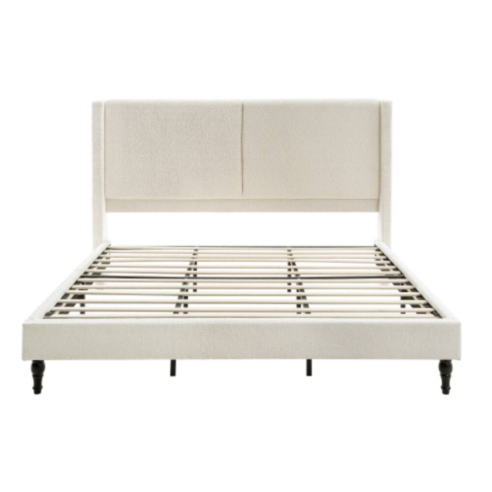 Left. LUCKY ONE - King Size Upholstered Bed Frame with High-Back Tufted Headboard - No Box Spring Needed - Beige.