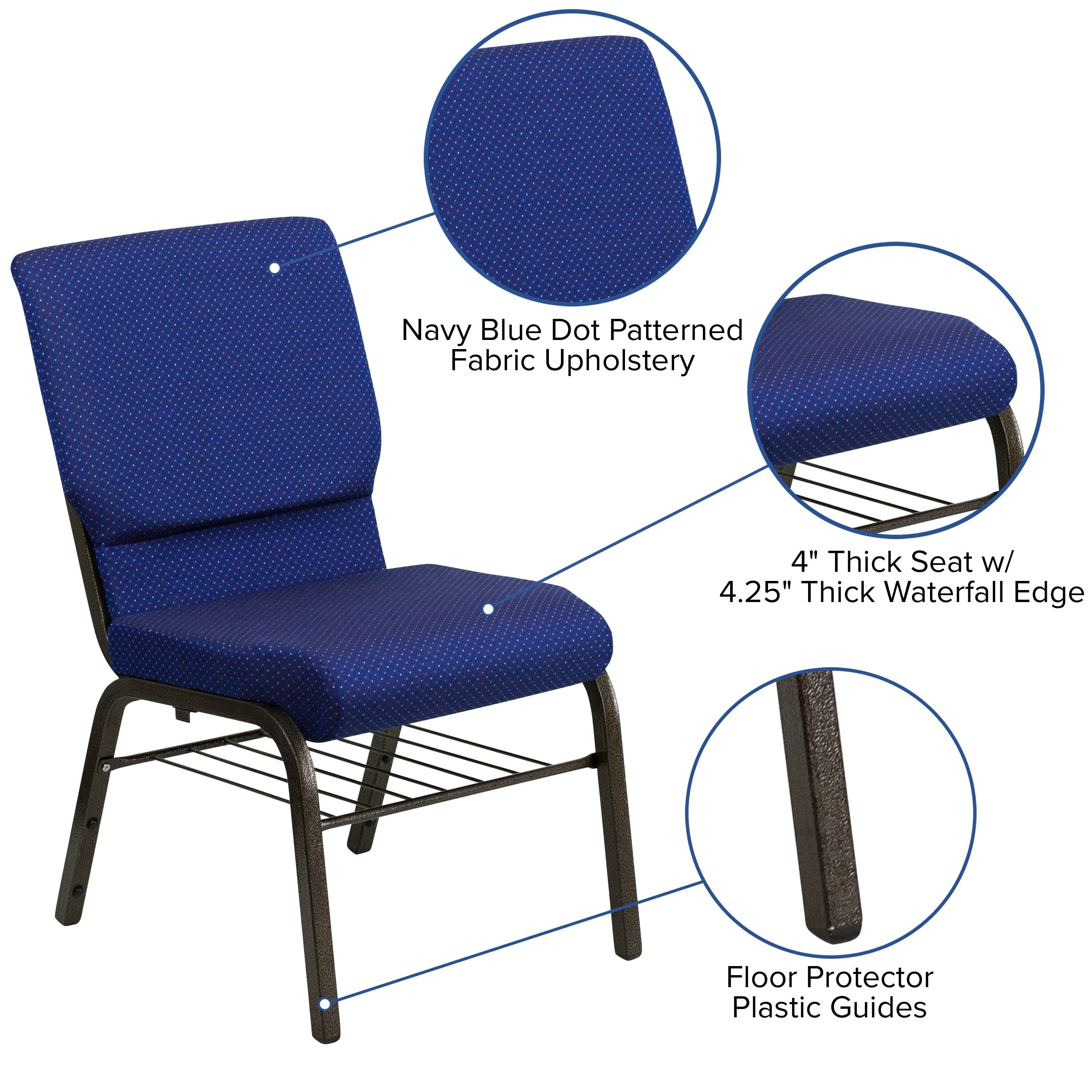 Navy Blue Dot Patterned Fabric Upholstery  
4" Thick Seat w/ 4.25" Thick Waterfall Edge  
Floor Protector Plastic Guides