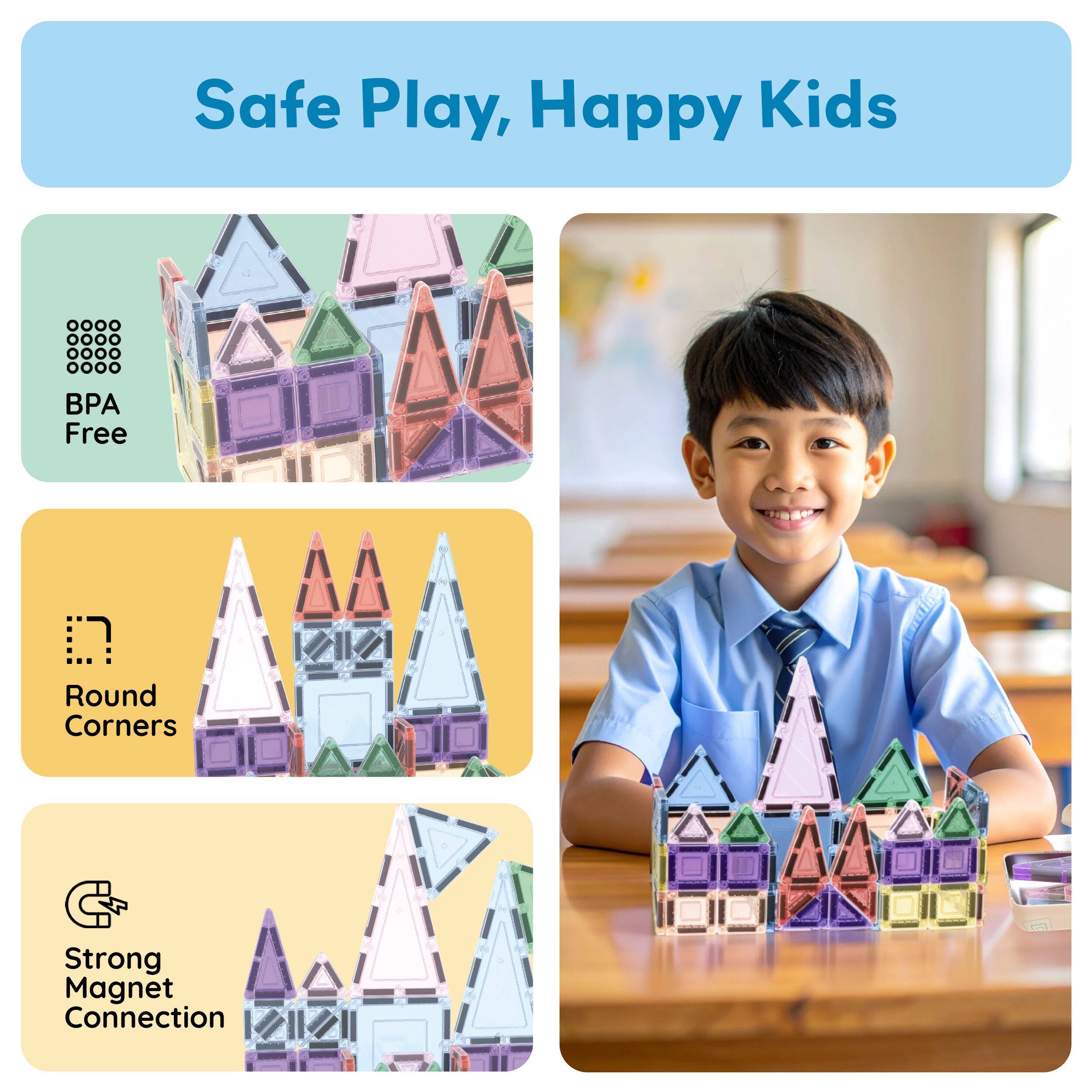 Safe Play, Happy Kids

- BPA Free
- Round Corners
- Strong Magnet Connection