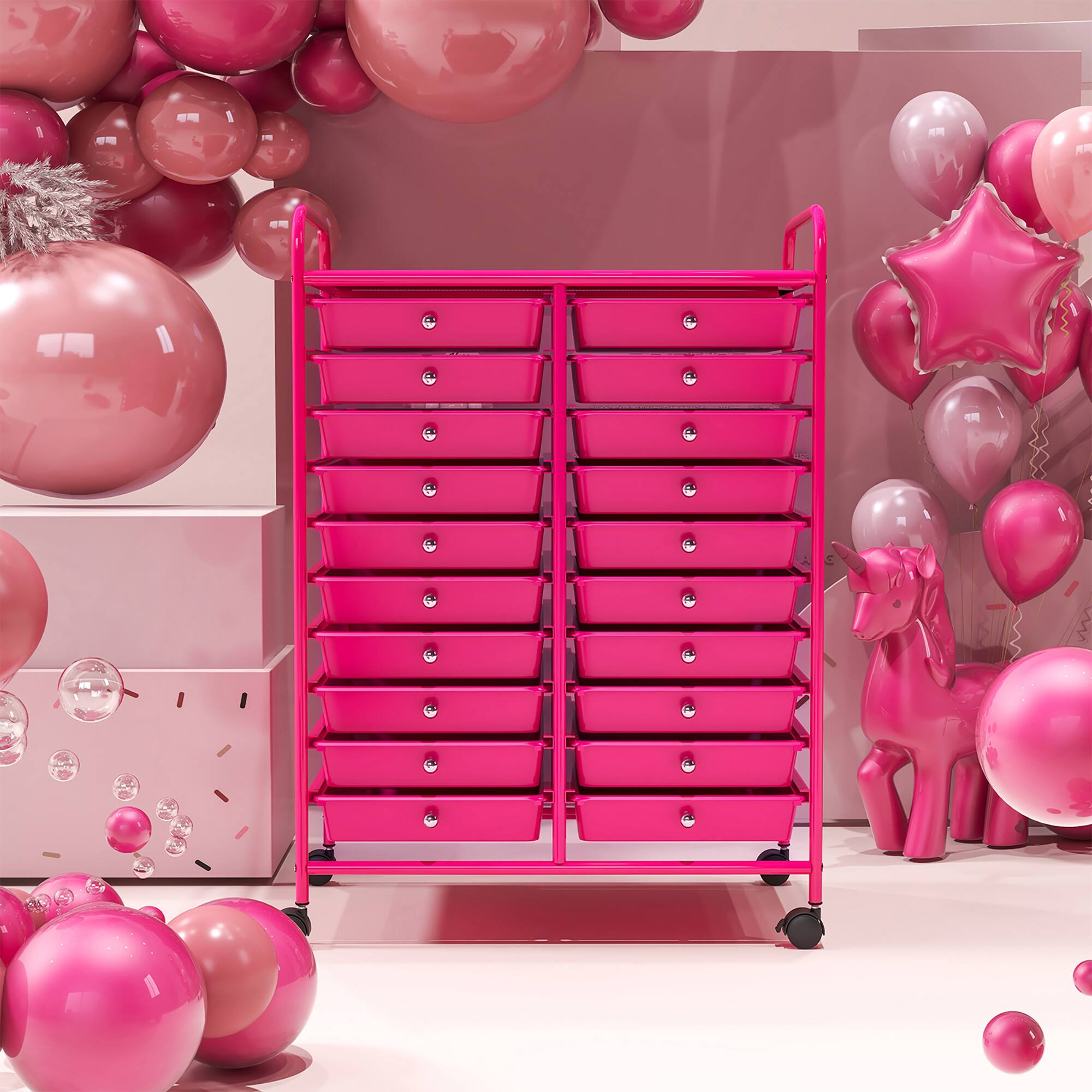Alt View 1. Gymax - Gymax Rolling Storage Cart Art Craft Organizer on Wheels Multipurpose 20 Drawers Hot Pink - Hot Pink.