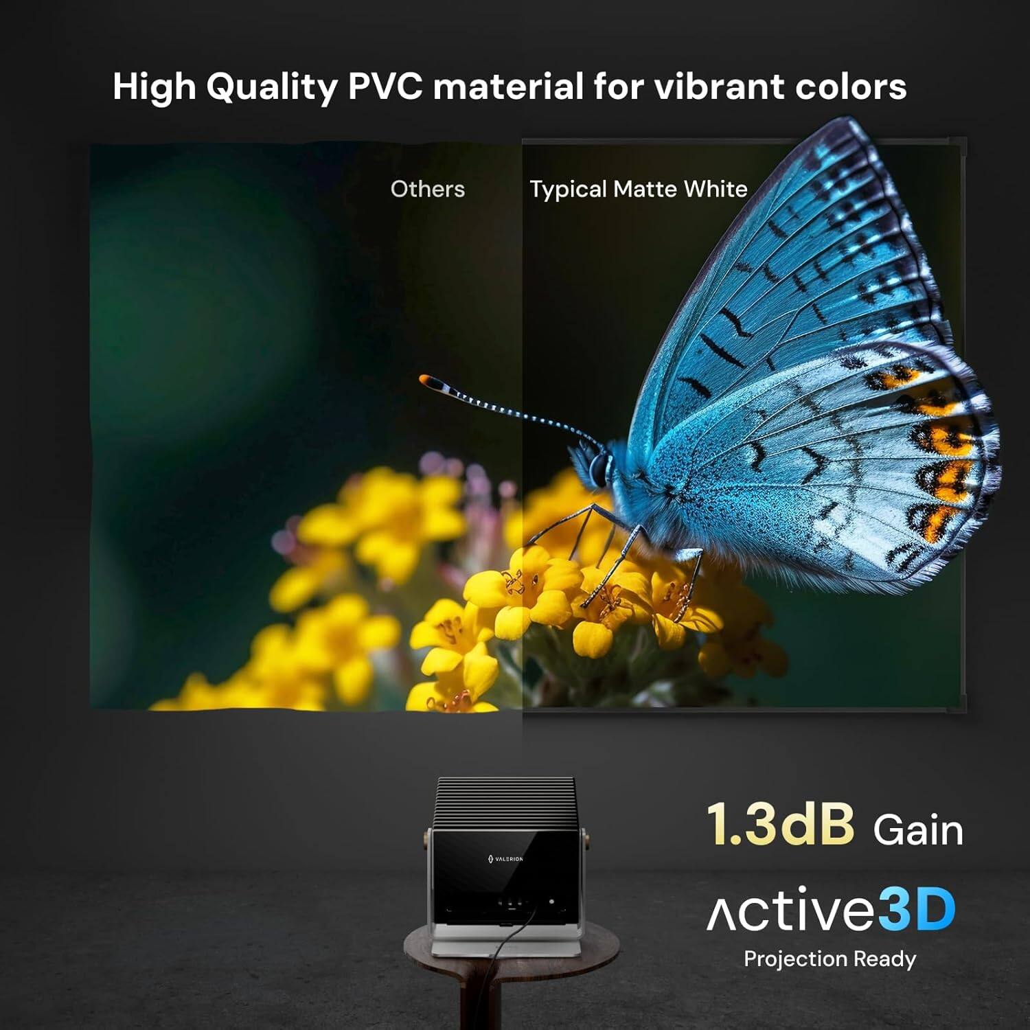 High Quality PVC material for vibrant colors

Others Typical Matte White

1.3dB Gain

Active3D Projection Ready