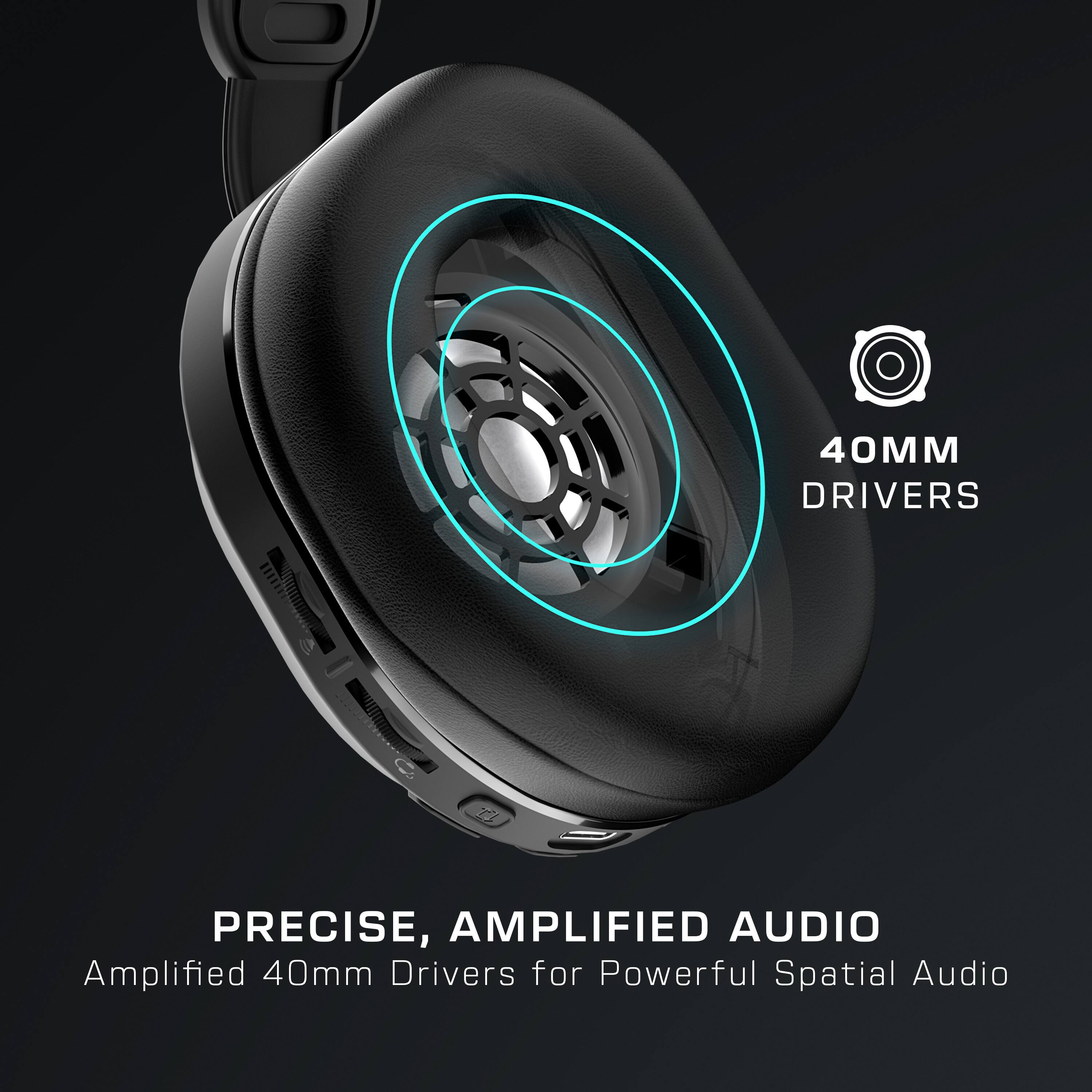 The image features a pair of headphones with a 40mm driver, providing precise, amplified audio. The headphones are designed for powerful spatial audio, making them an ideal choice for listeners seeking an immersive audio experience.