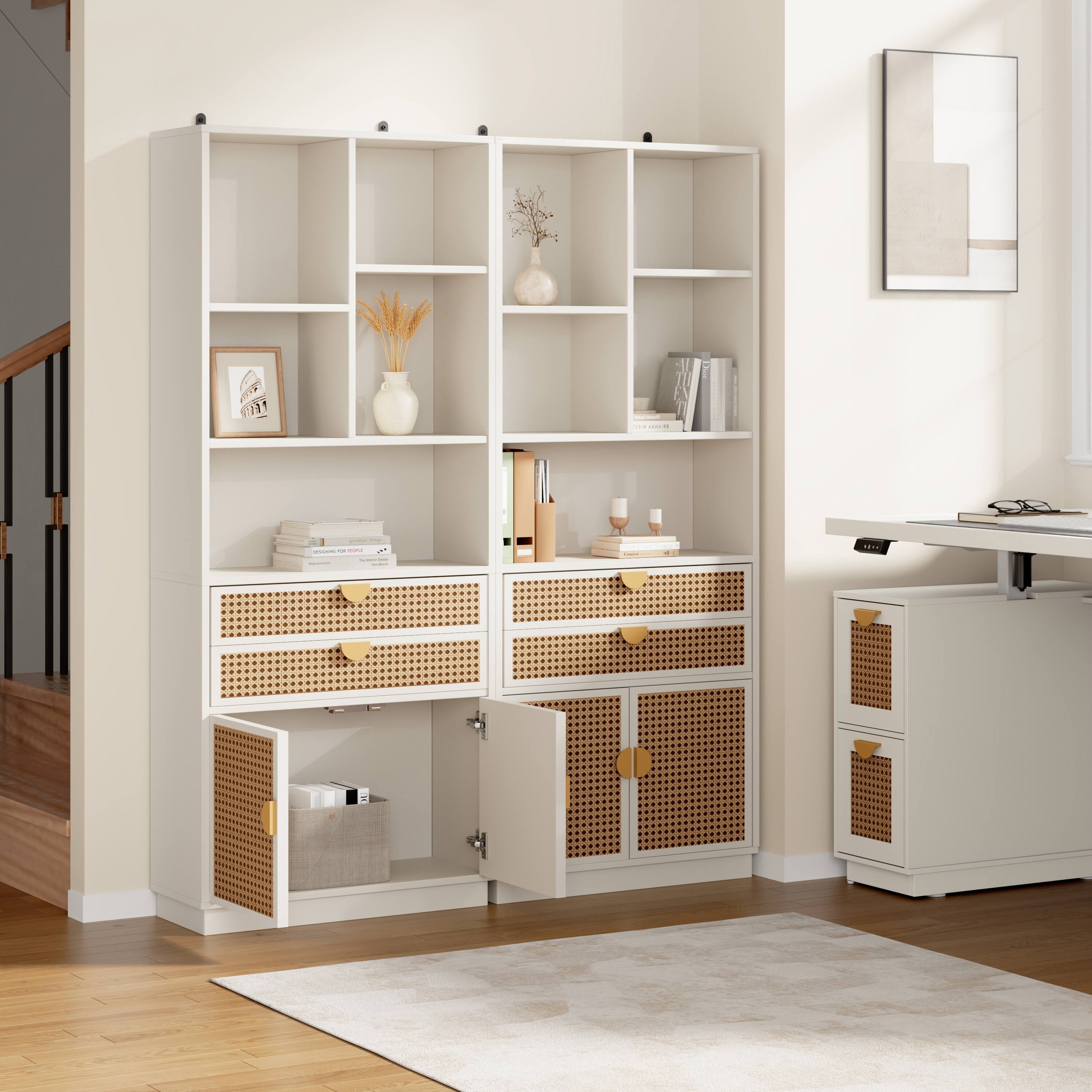 Alt View 8. ModernMate - 59 inch Tall White Rattan Bookshelf with 2 Drawers, Doors and 5 Storage Cubes - White Rattan.
