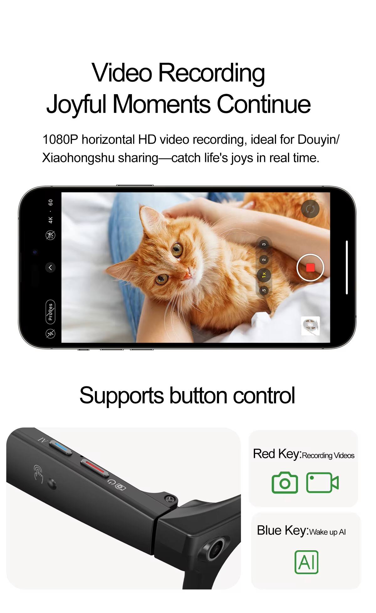 Video Recording Joyful Moments Continue

1080P horizontal HD video recording, ideal for Douyin/Xiaohongshu sharing—catch life's joys in real time.

Supports button control

Red Key: Recording Videos

Blue Key: Wake up AI