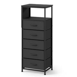 Costway - 1 PCS Nightstand with Integrated Charging Station, Modern Bedside Table with 5 Fabric Drawers - Black
