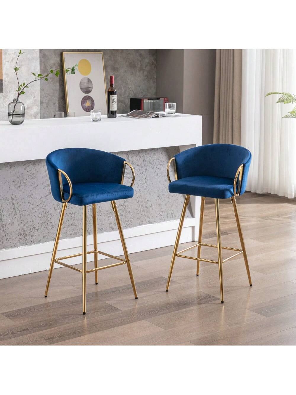 Left. Trinkets Crazed - 26" Velvet Counter Stools Set Of 2, Luxury Bar Chair With Low Back and Gold Legs For Kitchen Island - Blue.