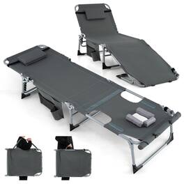 Gymax - Outdoor Folding Chaise 5-Position Lounge Chair w/ Face Hole & Adjustable Footrest - Gray