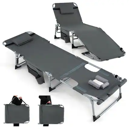 Front. Gymax - Gymax Outdoor Folding Chaise 5-Position Lounge Chair w/ Face Hole & Adjustable Footrest Gray - Gray.