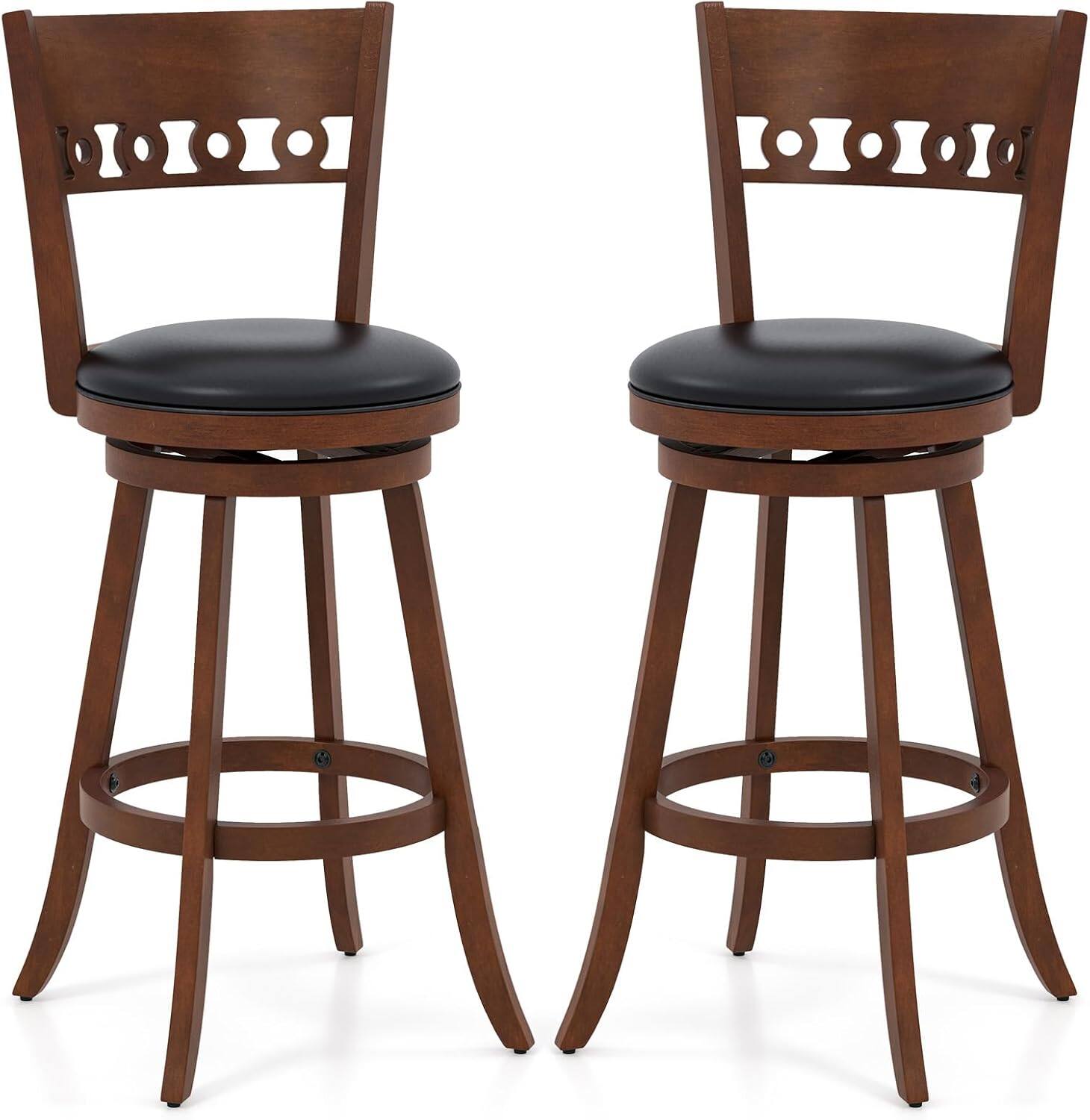 Alt View 5. Gymax - Gymax 2PCS 30.5'' Bar Height Chairs Swivel Bar Stools w/ Rubber Wood Frame - Brown, Black.