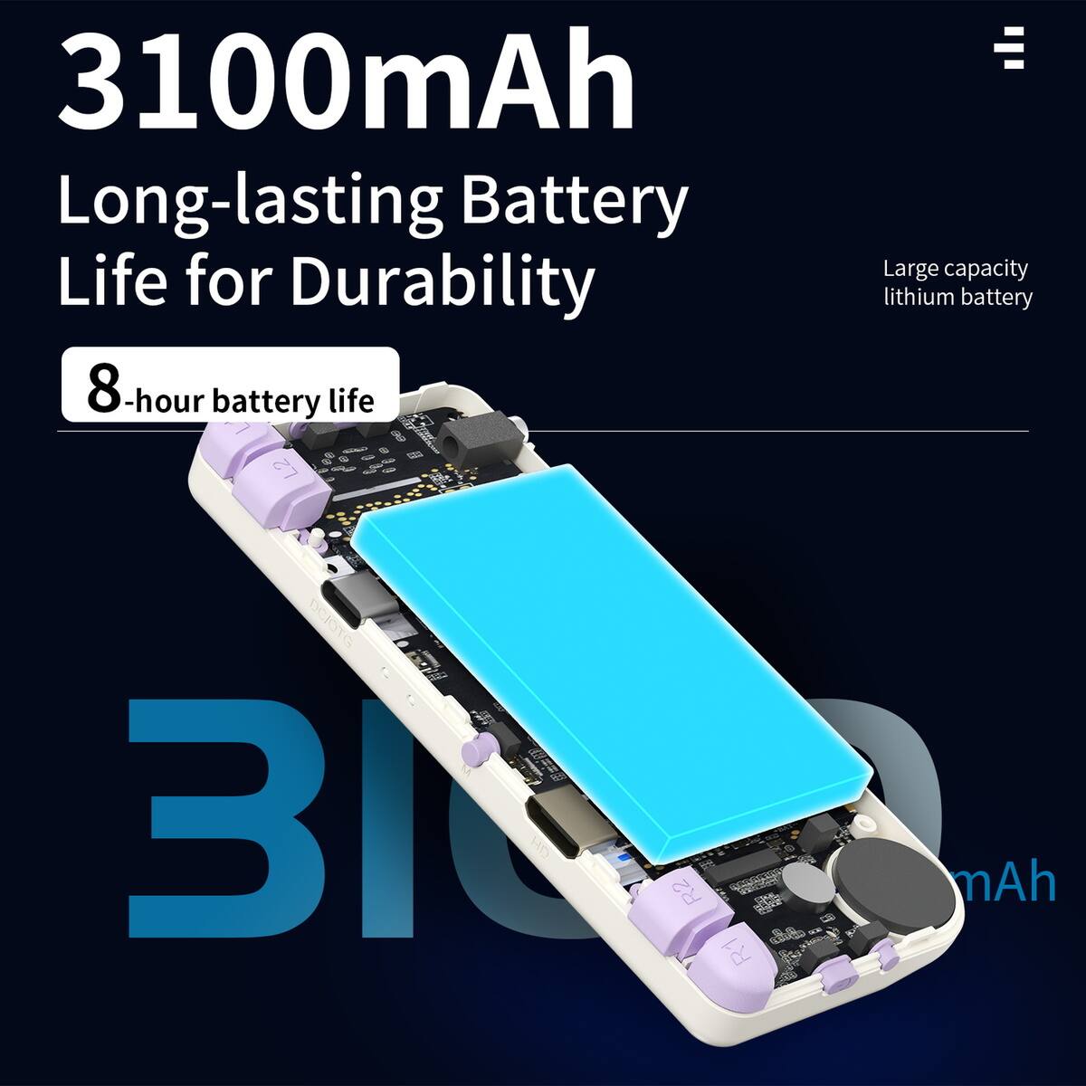 3100mAh  
Long-lasting Battery Life for Durability  

8-hour battery life  

Large capacity lithium battery