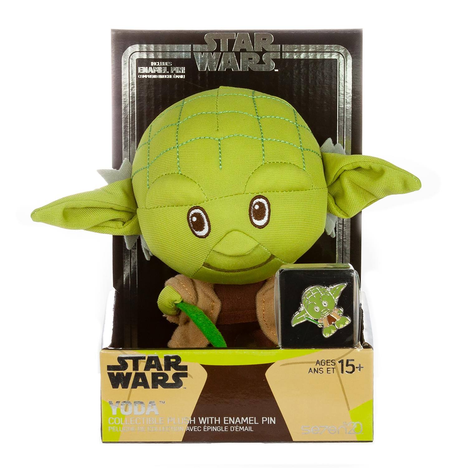Sure, here is the corrected and grouped text from the image:

---

**STAR WARS**

**YODA™ COLLECTIBLE PLUSH WITH ENAMEL PIN**

**INCLUDES:**
- ENAMEL PIN

**AGES 15+**

**PELUCHE DE COLLECTION AVEC ÉPINGLE D'ÉMAIL**

**se7en20**

---

This text is taken directly from the packaging in the image.