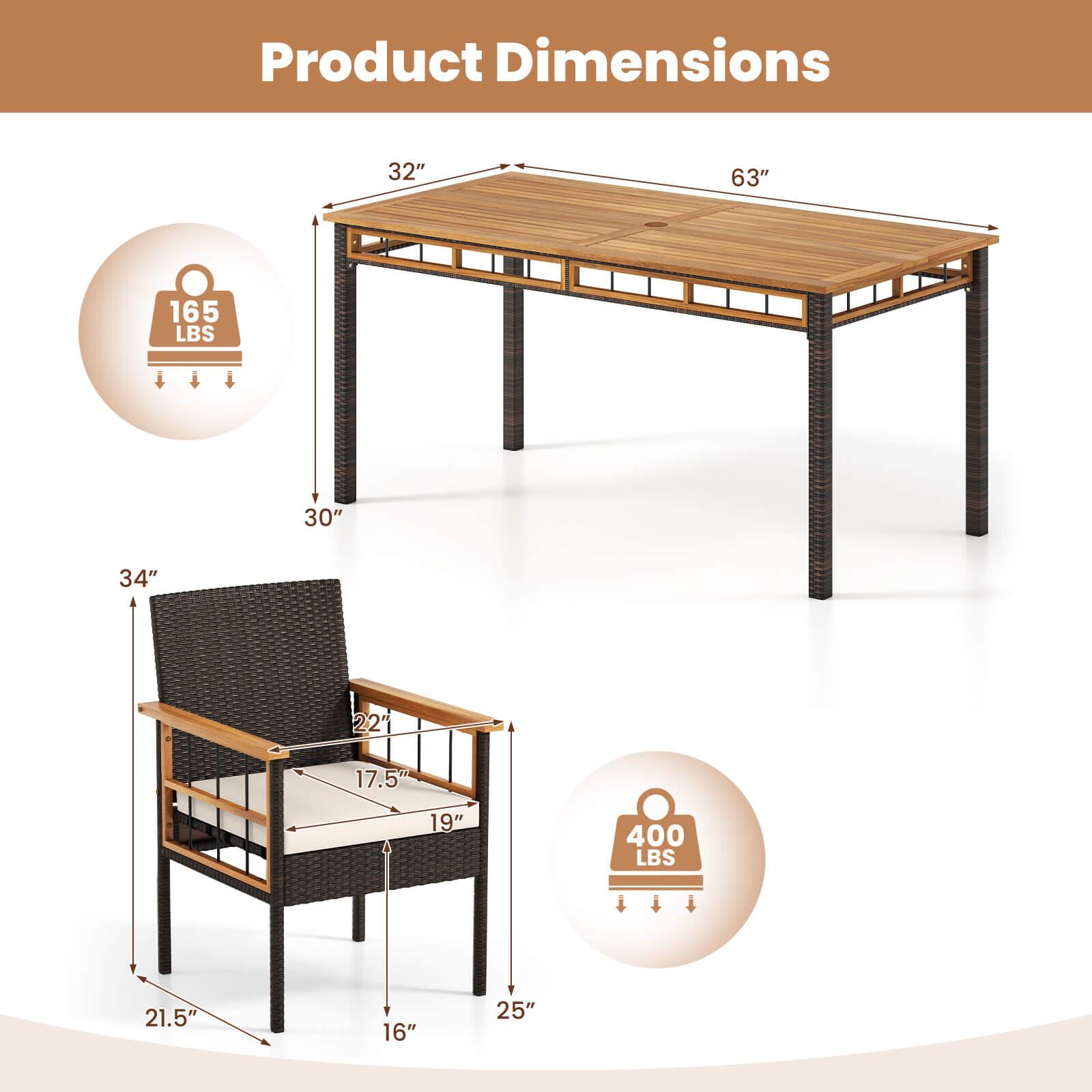 Product Dimensions  
- Table: 32" x 63"  
- Weight Capacity: 165 LBS  
- Chair: 34" x 22" x 21.5" x 17.5" x 19" x 16"  
- Weight Capacity: 400 LBS