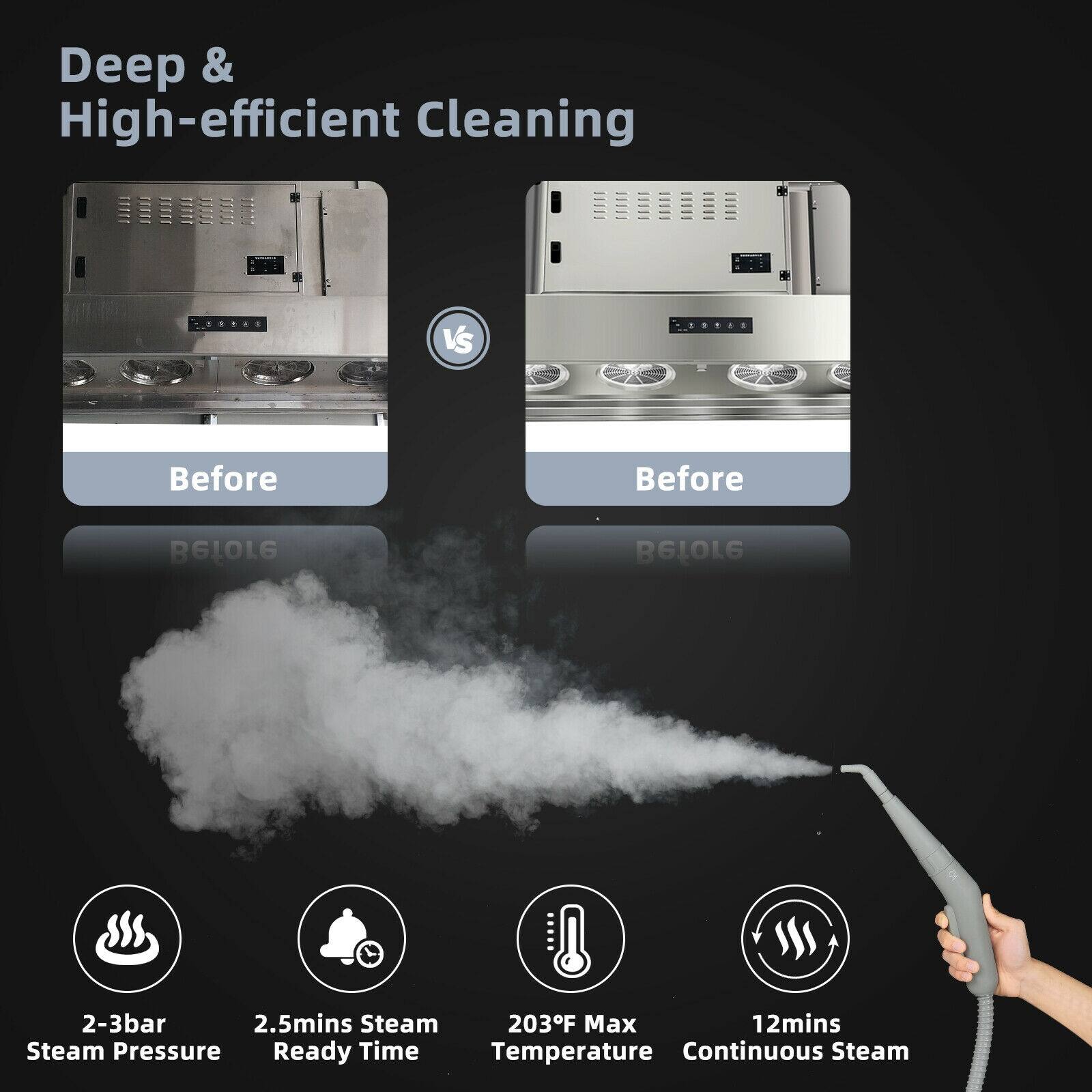 Deep & High-efficient Cleaning

2-3bar Steam Pressure
2.5mins Steam Ready Time
203F Max Temperature
12mins Continuous Steam
