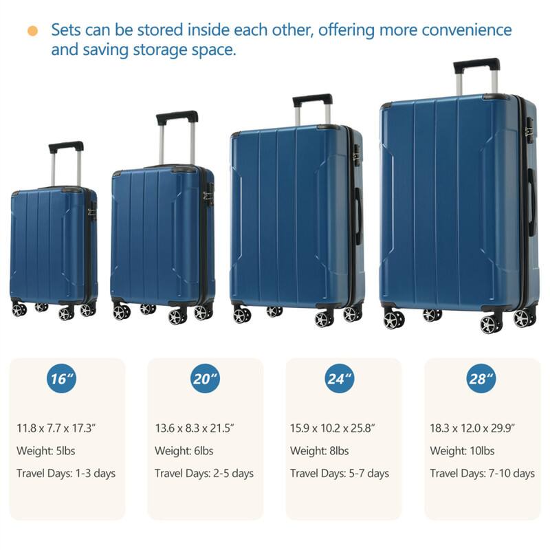 Sets can be stored inside each other, offering more convenience and saving storage space.

- 16"  
  11.8 x 7.7 x 17.3"  
  Weight: 5lbs  
  Travel Days: 1-3 days

- 20"  
  13.6 x 8.3 x 21.5"  
  Weight: 6lbs  
  Travel Days: 2-5 days

- 24"  
  15.9 x 10.2 x 25.8"  
  Weight: 8lbs  
  Travel Days: 5-7 days

- 28"  
  18.3 x 12.0 x 29.9"  
  Weight: 10lbs  
  Travel Days: 7-10 days