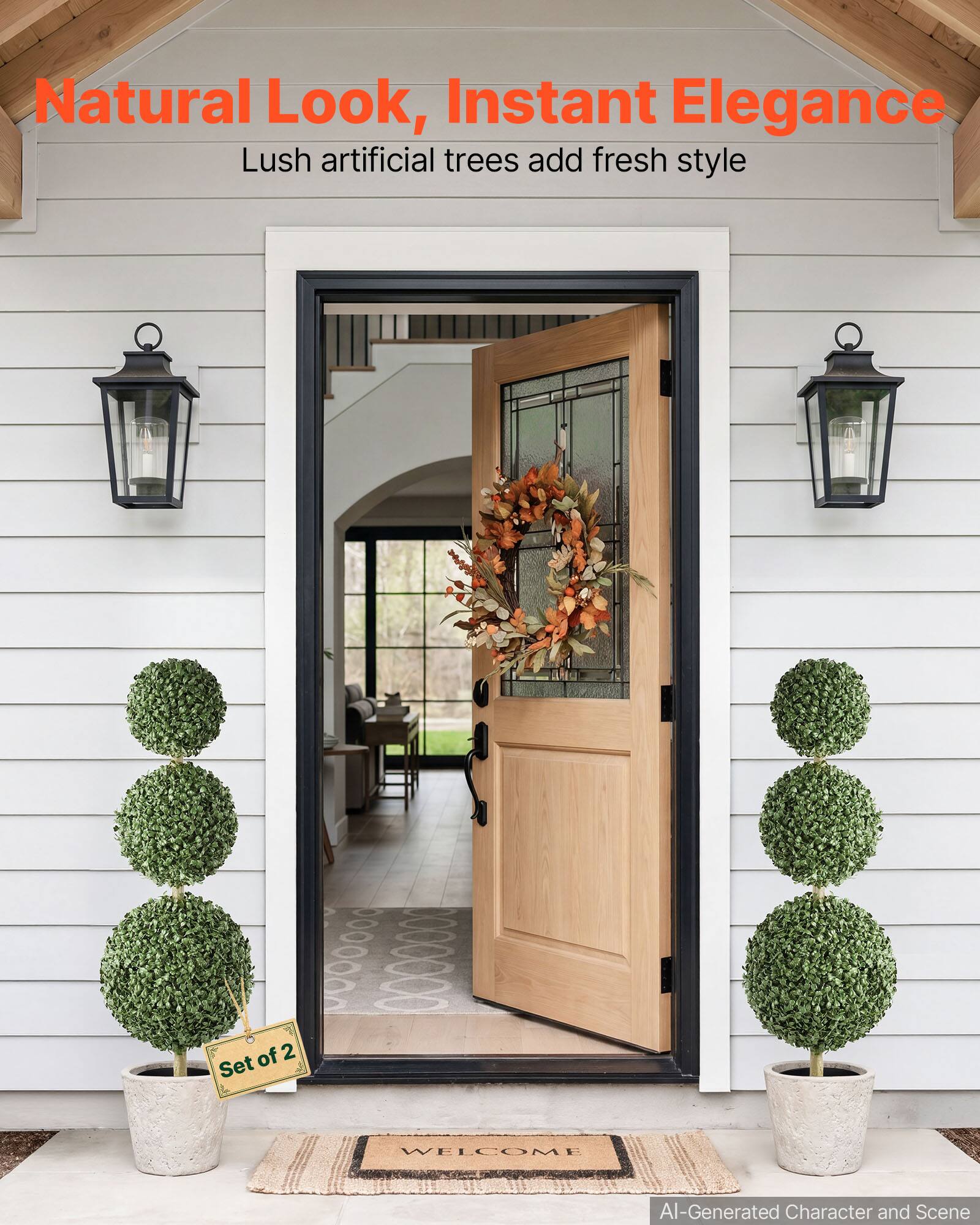 Natural Look, Instant Elegance  
Lush artificial trees add fresh style  
Set of 2  
WELCOME  
AI-Generated Character and Scene