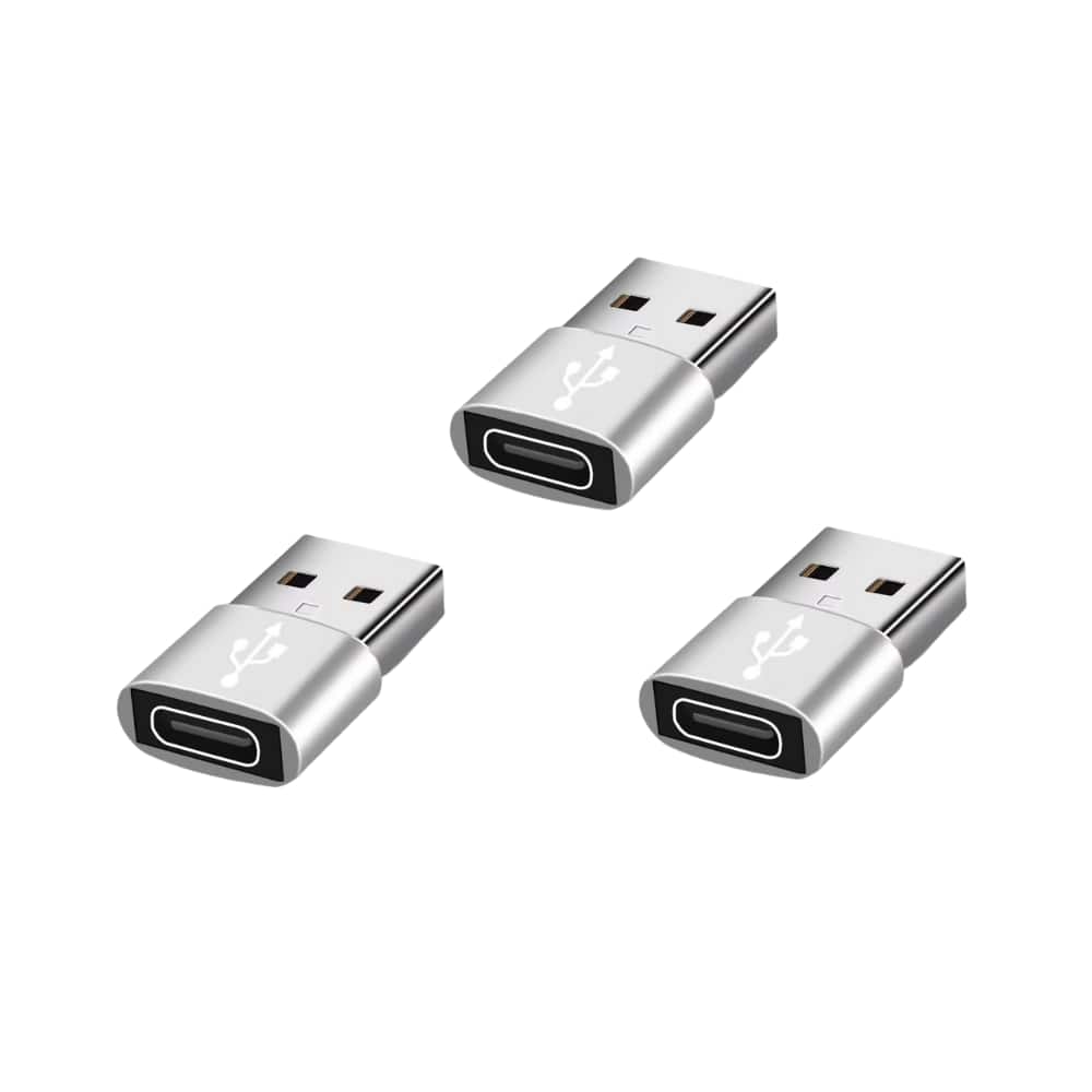 Qixxronics - USB to USB C Adapter 3 Pack,Type C Female to USB A Male Charger Cable Converter - Silver