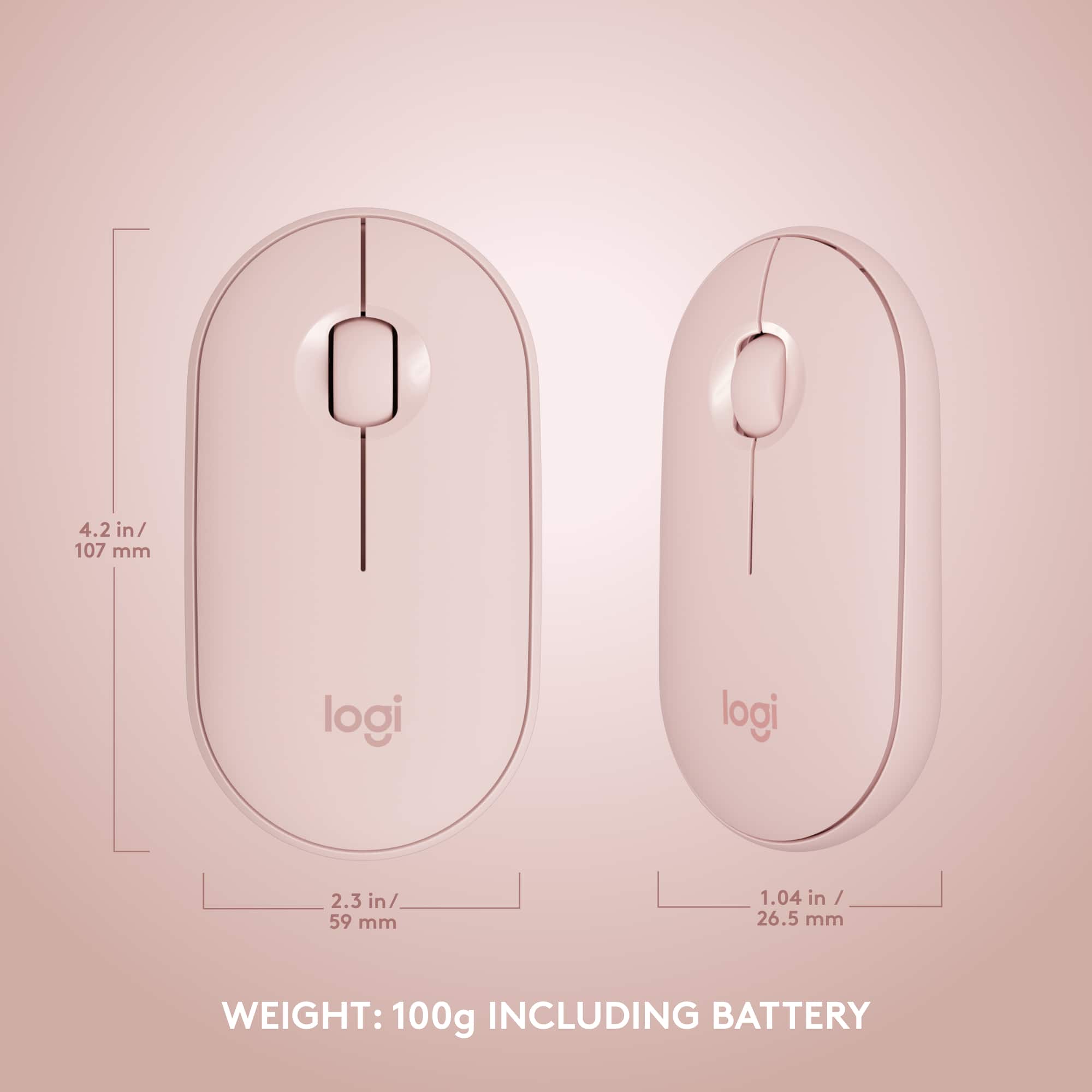 The text on the image is grouped and corrected as follows:
* Weight: 100g including battery
* Size: 4.2 in/ 107 mm
* Size: 2.3 in/ 59 mm
* Size: 1.04 in / 26.5 mm