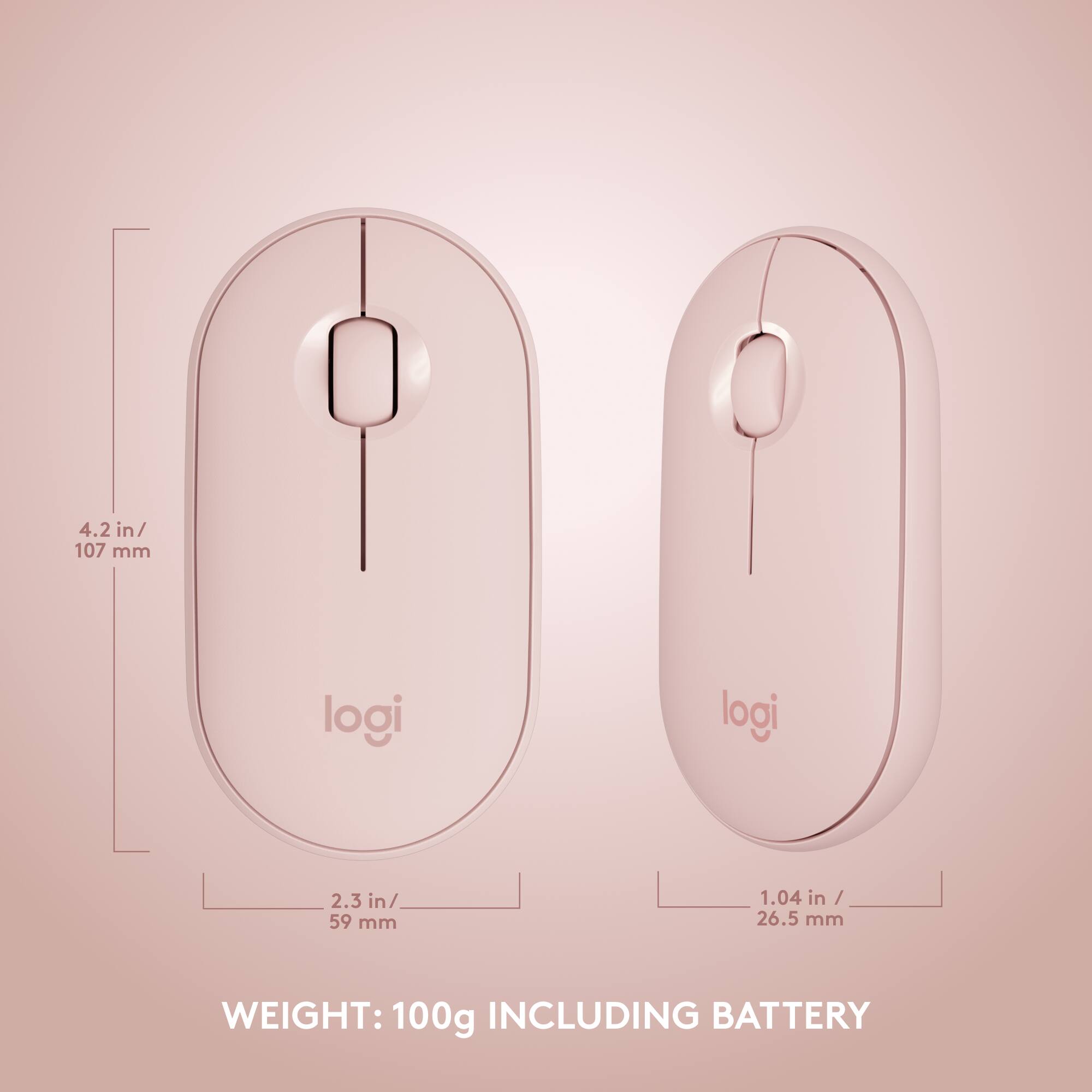 The text on the image is grouped and corrected as follows:

* Weight: 100g including battery
* Size: 4.2 in/ 107 mm
* Size: 2.3 in/ 59 mm
* Size: 1.04 in / 26.5 mm
