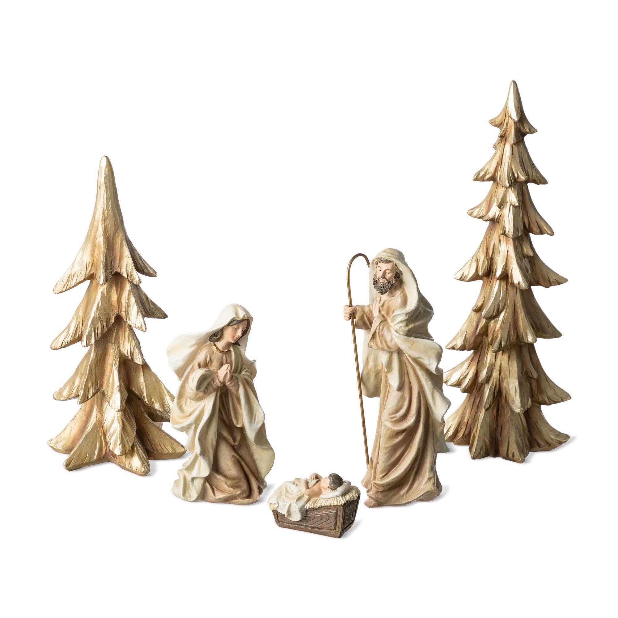 Angle. Glitzhome - S/5 Resin Holy Family with Christmas Trees - Gold.