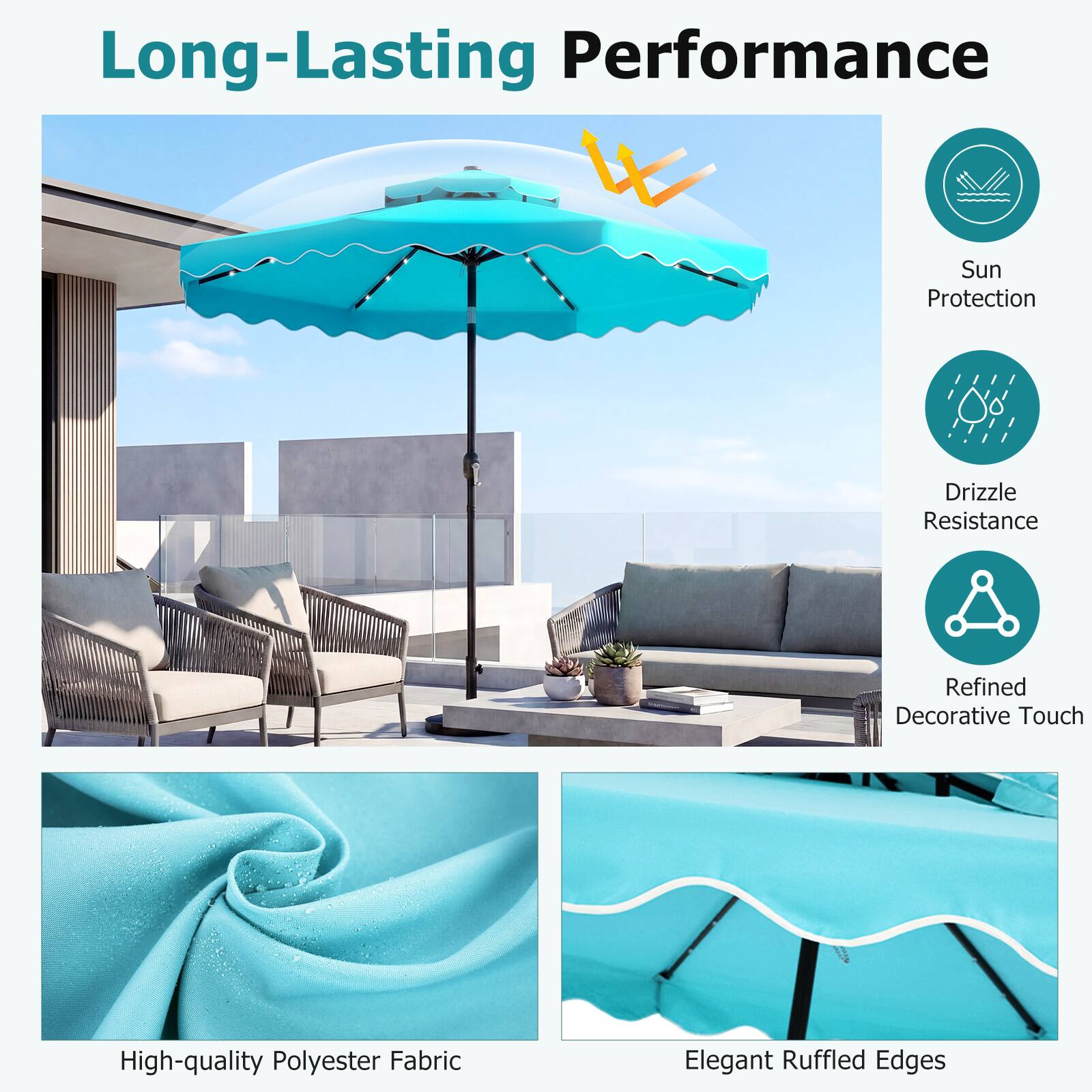 Long-Lasting Performance  
Sun Protection  
Drizzle Resistance  
Refined Decorative Touch  
High-quality Polyester Fabric  
Elegant Ruffled Edges