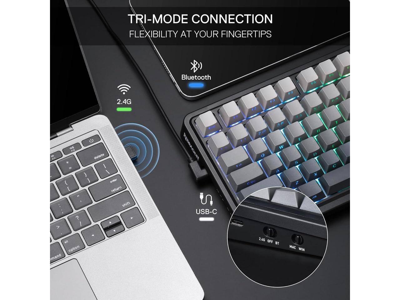 TRI-MODE CONNECTION FLEXIBILITY AT YOUR FINGERTIPS

Bluetooth
2.4G
USB-C

2.40 OFF BT
MAC WIN
