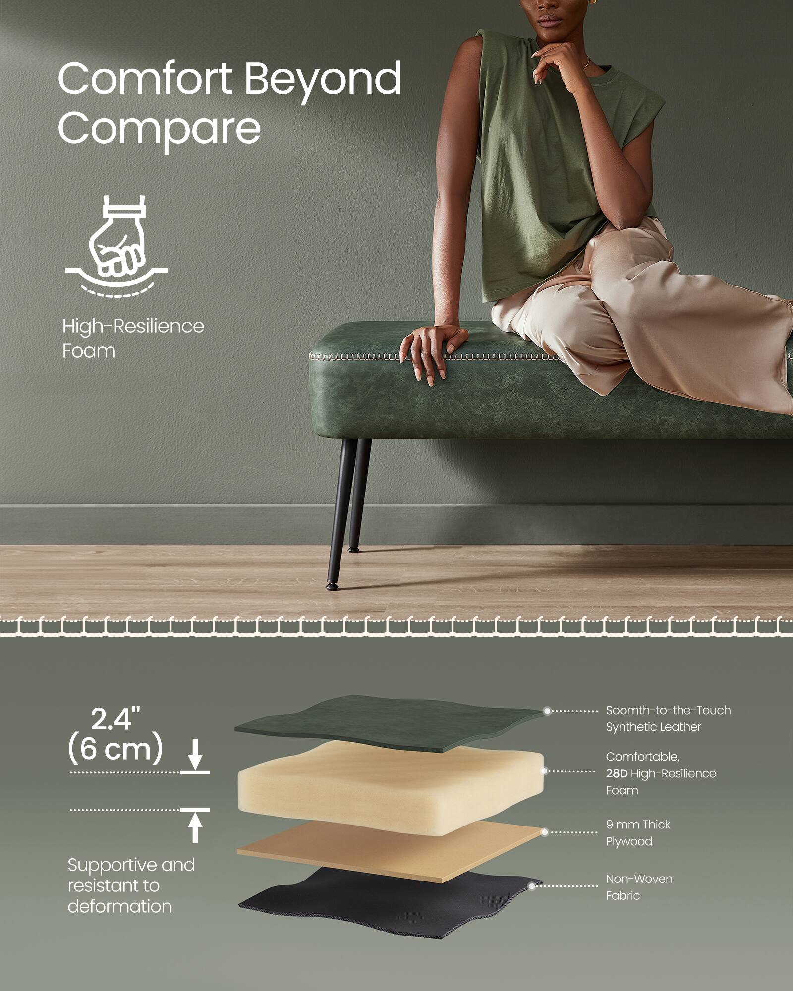 Comfort Beyond Compare

High-Resilience Foam

2.4" (6 cm)

Smooth-to-the-Touch Synthetic Leather

Comfortable, 28D High-Resilience Foam

Supportive and resistant to deformation

9 mm Thick Plywood

Non-Woven Fabric