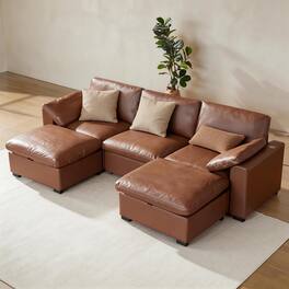 Dyonery - 120" U Shaped Couch with Storage Ottoman, Down-Filled Wide Deep Seat, Solid Wood Frame, Tool Free, Faux Leather Brown - Brown