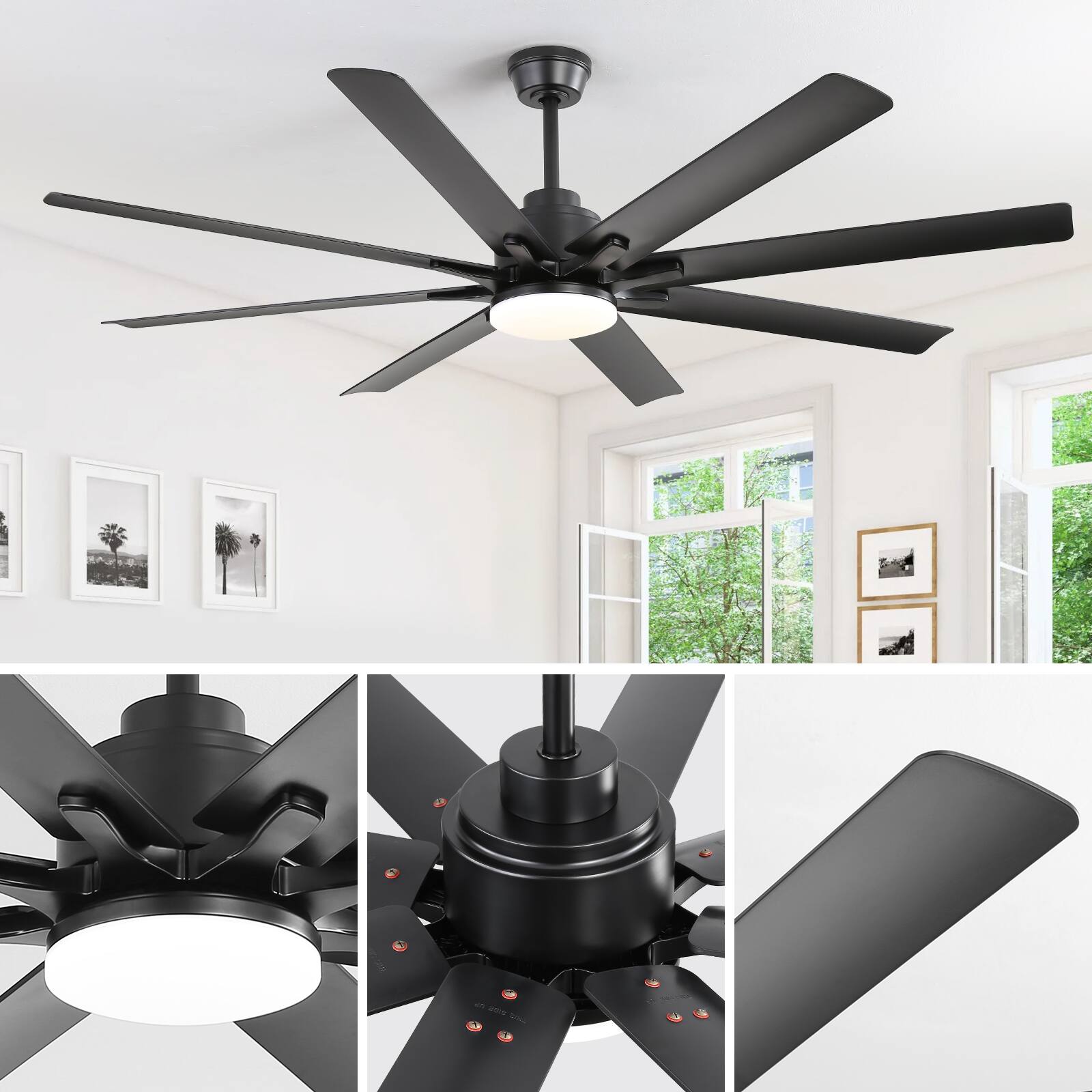 Alt View 2. Sofucor - Large Smart Ceiling Fan with Light, Indoor/Outdoor, Alexa/Google/App Control, 8 ABS Blades, Remote - Black-66inch.