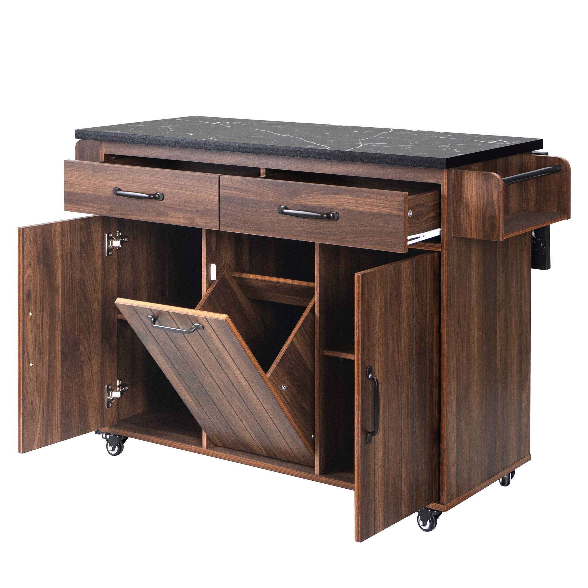 Left. Whisen - Kitchen Island with Trash Can, Storage Cabinet, and Drop Leaf for Kitchen and Dining Room - Walnut Brown.