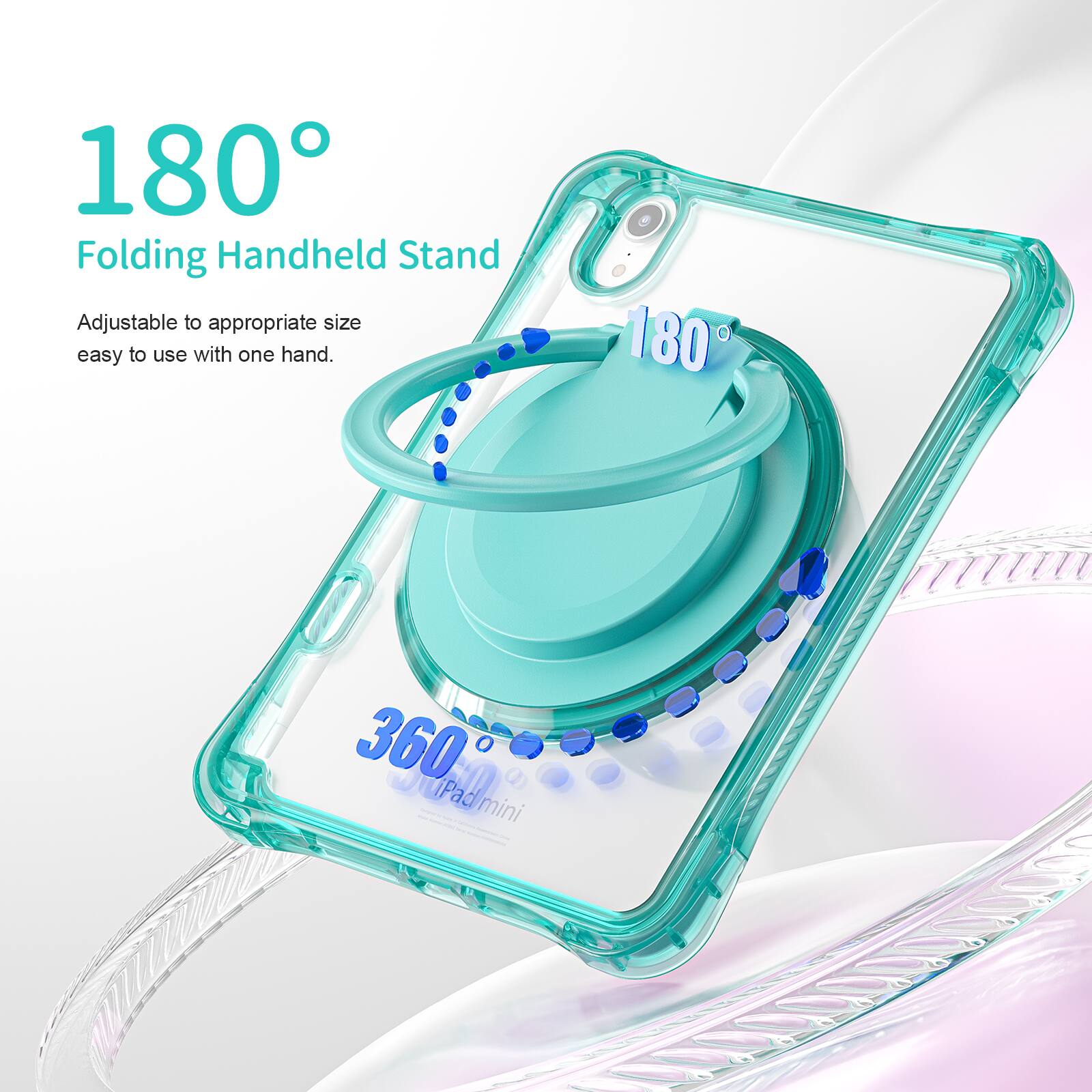 180° Folding Handheld Stand Adjustable to appropriate size easy to use with one hand. 180° 360° iPad mini