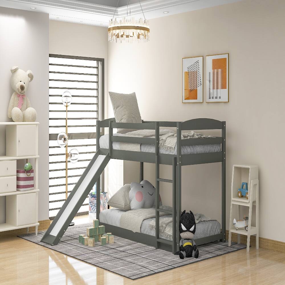 Left. Loheer - Loheer Twin over Twin Bunk Bed with Slide Gray Wooden Bunk Bed - Gray.